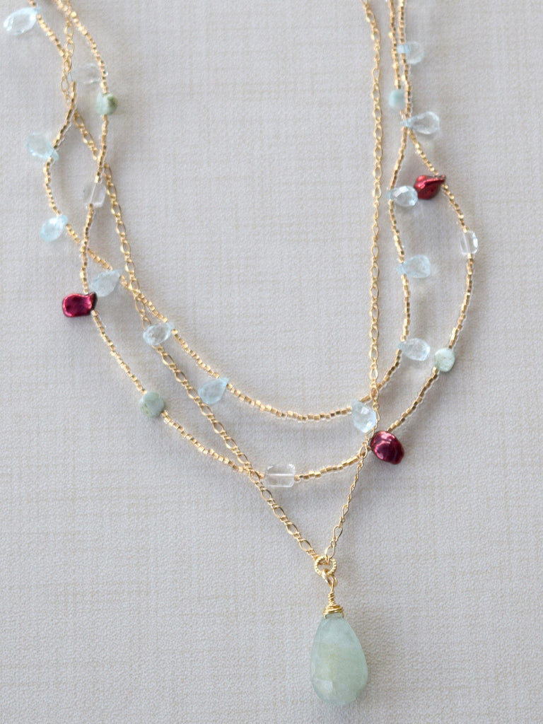 Aquamarine & Red Pearl Neckace