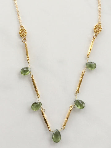 Peridot Green Briolette and Gold Necklace